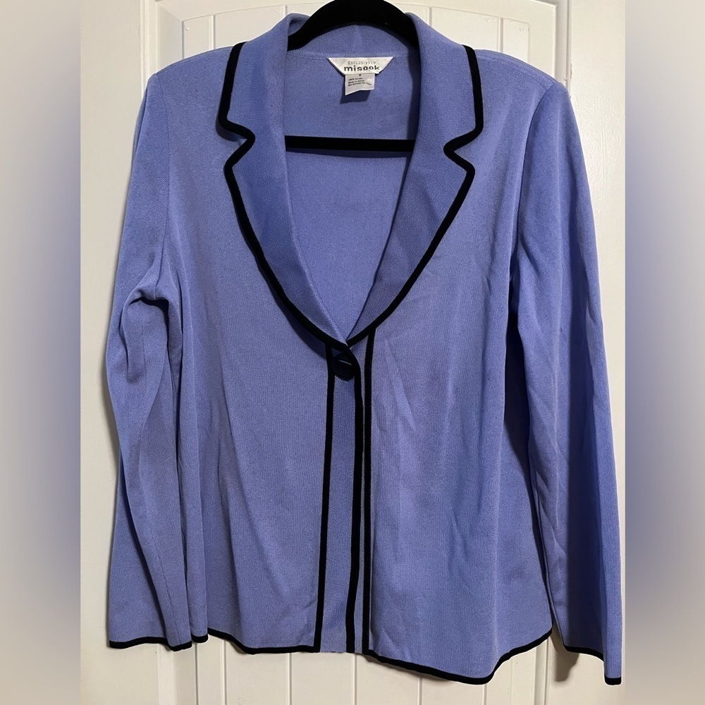 Exclusively Misook one button purple preppy cardigan with shoulder pads grandma